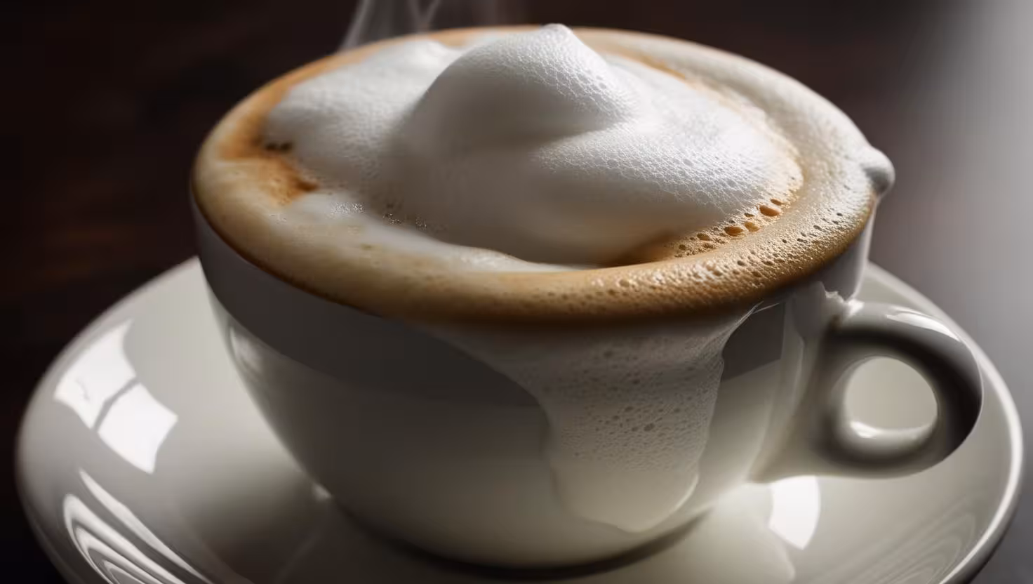 Barista-Ausbildung: Eine Cappuccino-Tasse mit übermäßig aufgeschäumter Milch – der Milchschaum läuft über den Tassenrand.
