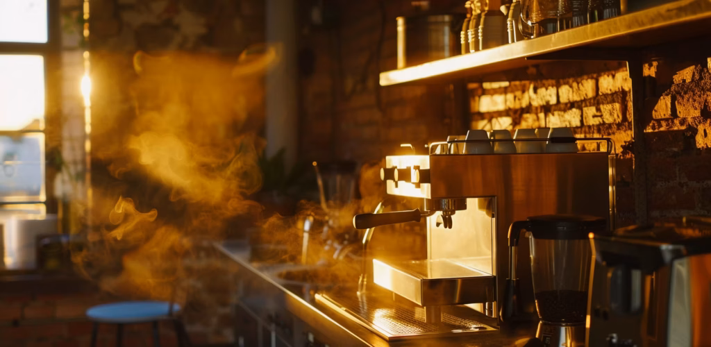 Ein im warmen Gegenlicht beleuchteter Siebträger (Espressomaschine) auf einer Café-Theke, aus der feiner Dampf in goldenen Sonnenstrahlen aufsteigt; im Hintergrund stehen Tassen auf einem Regal vor roter Ziegelwand.