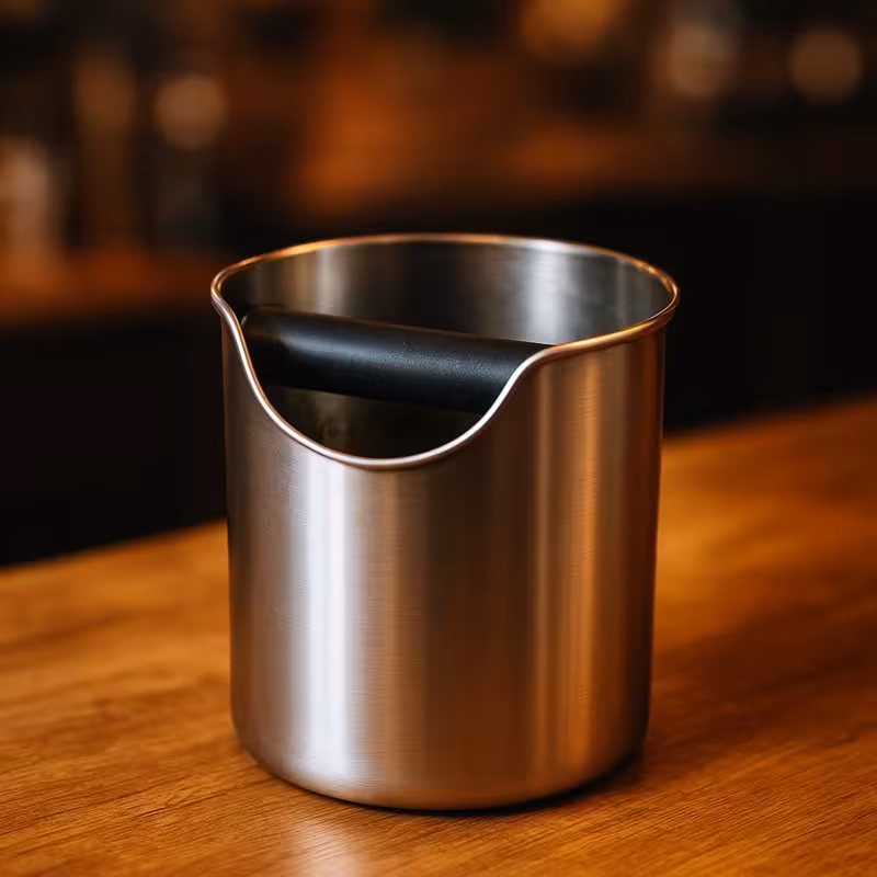Barista-Klopfbox aus Edelstahl – Ausklopfen des Portafilters Edelstahl-Klopfbox mit schwarzer Stange zum Ausklopfen des Portafilters auf einer Holzarbeitsfläche