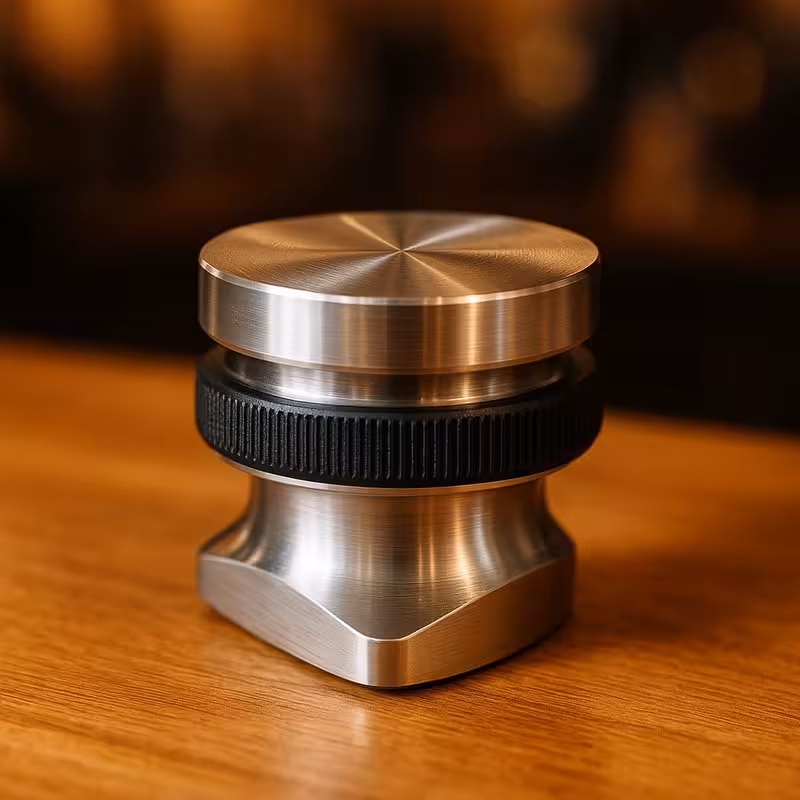 Edelstahl-Kaffee-Leveler mit geriffeltem Griff auf Holztisch